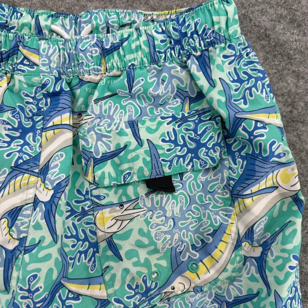 Vineyard Vines Swim Trunks Mens Small Marlin Coral Blue Green Board‎ Shorts